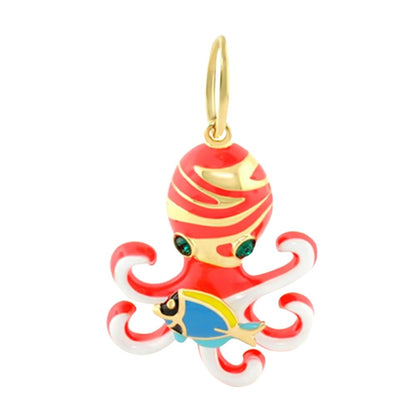 18K Gold Octopus Pendant with red enamel tentacles, blue fish accent by Lauren G Adams on Tampa Home & Garden Store