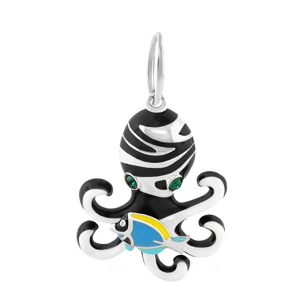18K Gold Octopus Pendant by Lauren G Adams, black white striped octopus with green gem eyes on Tampa Home & Garden Store