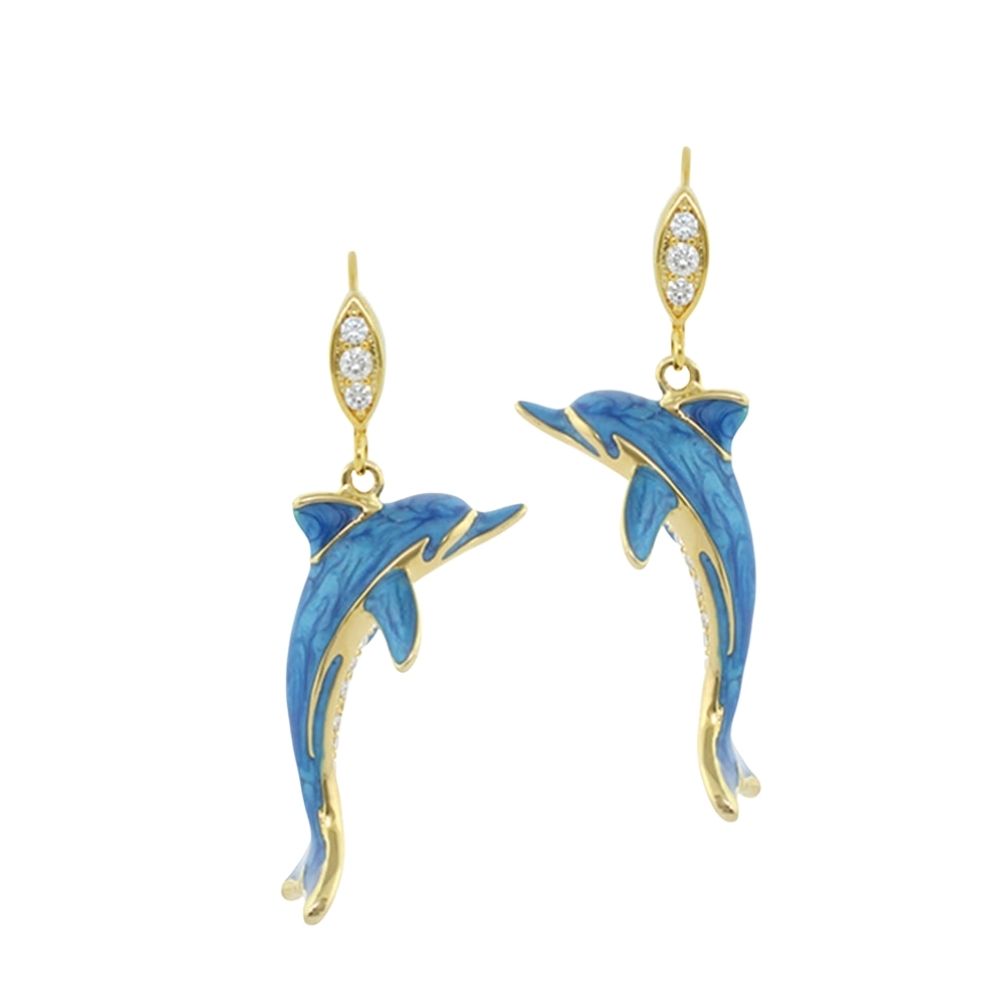 Eau Dolphin Earrings, Lauren G Adams pair, gold-tone with blue enamel dolphin charms on Tampa Home & Garden Store