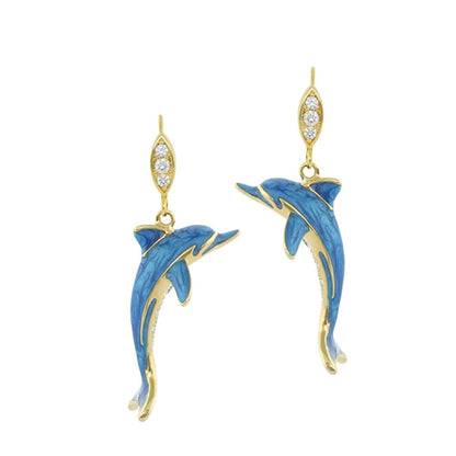 Eau Dolphin Earrings, Lauren G Adams pair, gold-tone with blue enamel dolphin charms on Tampa Home & Garden Store
