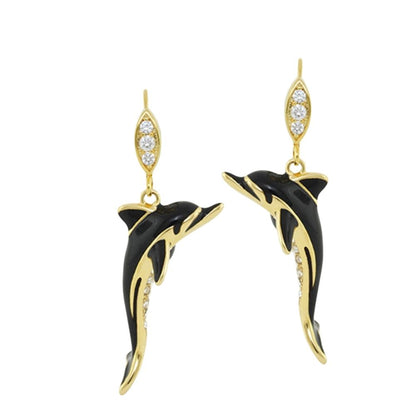 Eau Dolphin earrings by Lauren G Adams, gold and black enamel dolphin dangle with diamonds on Tampa Home & Garden Store