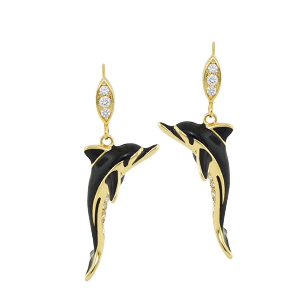Two Eau Dolphin earrings gold and black enamel dolphins with crystals by Lauren G Adams on Tampa Home & Garden Store