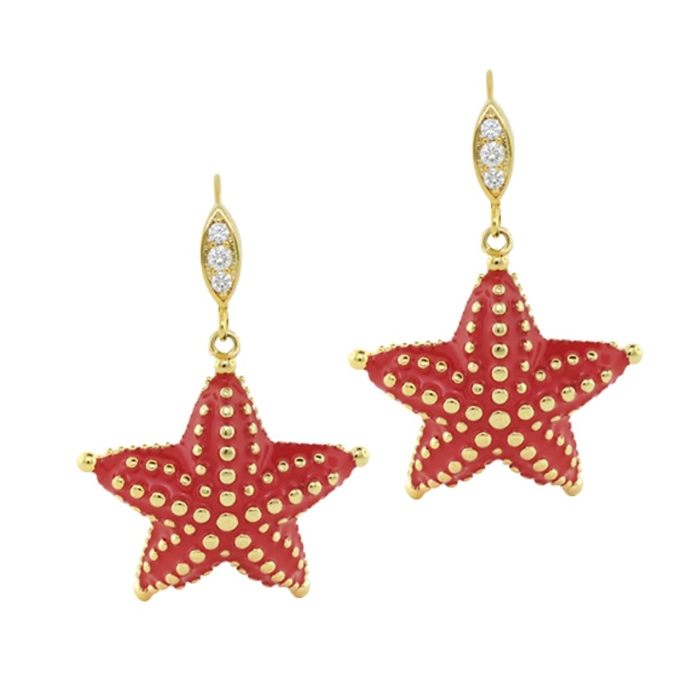 Eau Starfish Earrings pair red starfish with gold beaded edges Lauren G Adams dangle earrings on Tampa Home & Garden Store