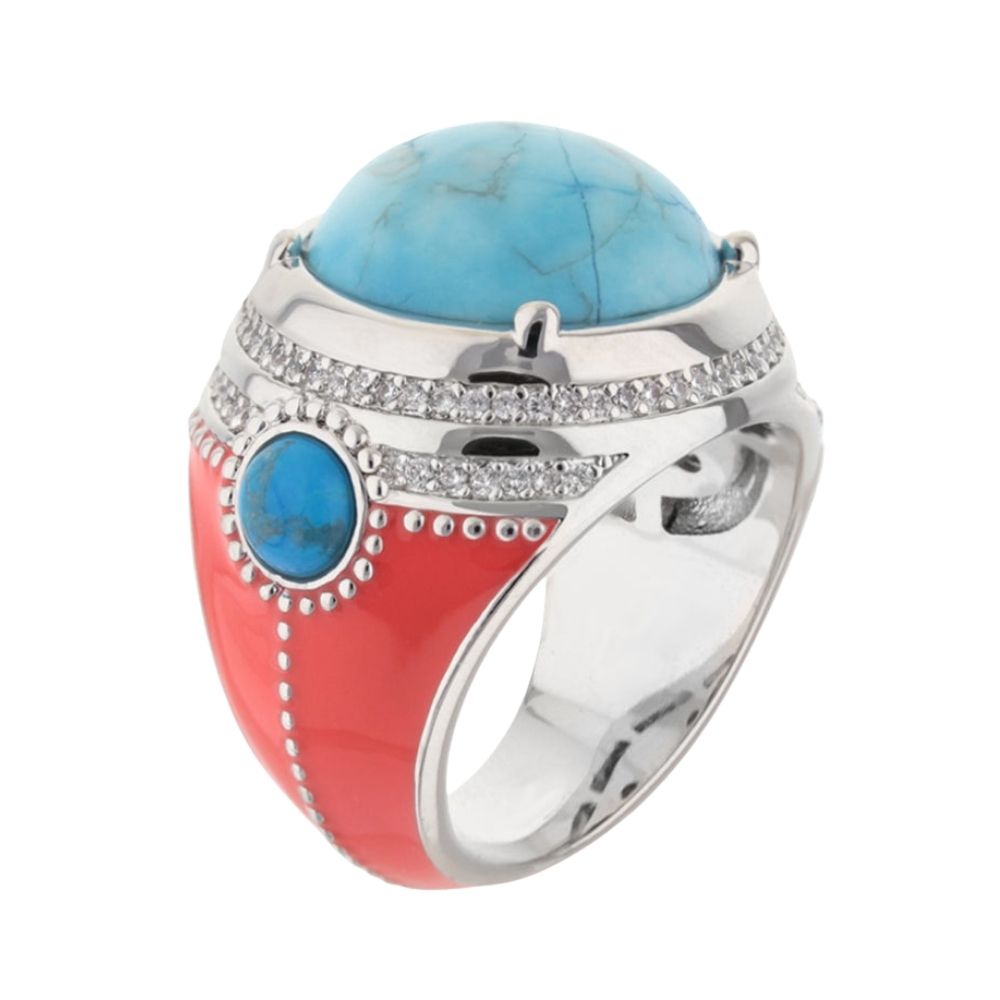 Pretty Little Things pave halo cabochon cocktail ring with turquoise cabochon and red enamel on Tampa Home & Garden Store