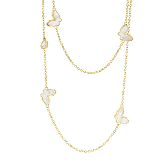 Mariposa Necklace long gold chain with white enamel butterfly charms and crystal accents on Tampa Home & Garden Store