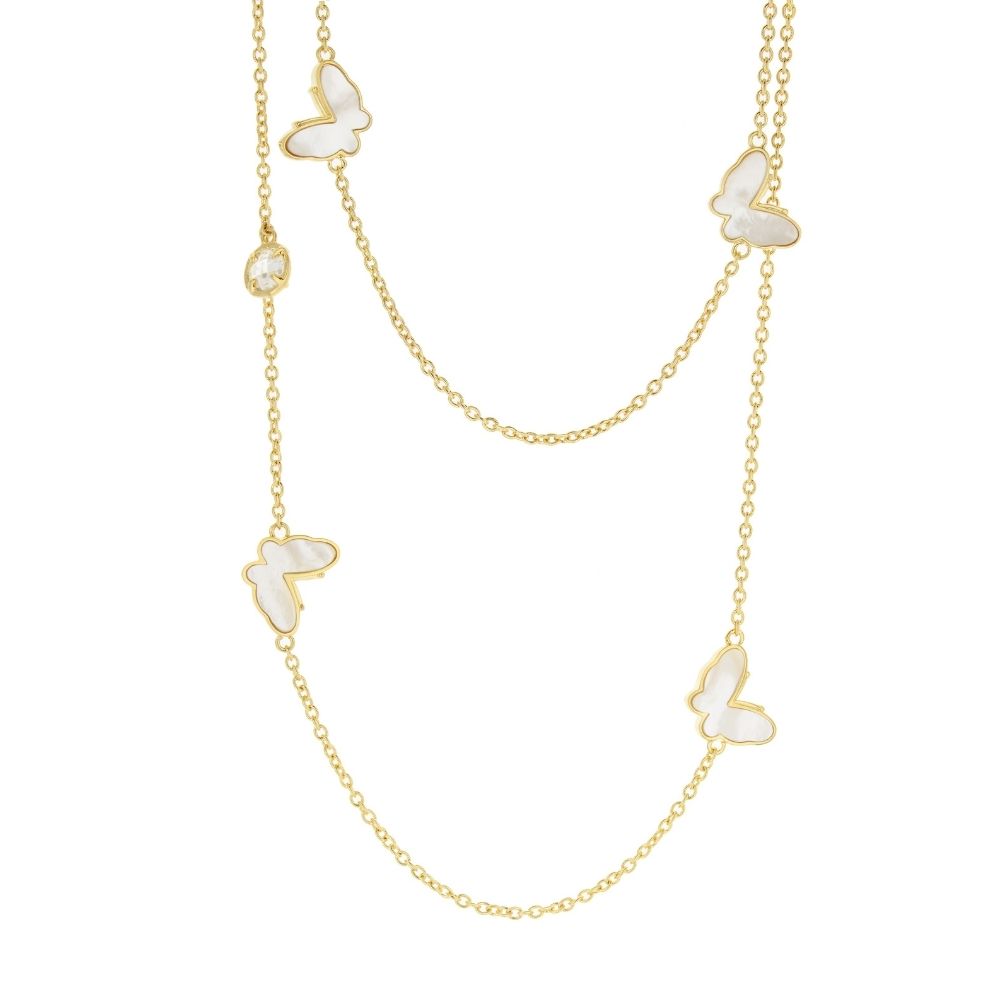 Mariposa long necklace by Lauren G Adams with gold chain and white butterfly charms on Tampa Home & Garden Store