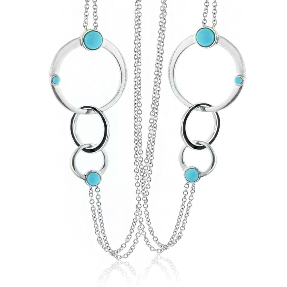 Eclipse Necklace by Lauren G Adams, long silver necklace with large rings and turquoise accents on Tampa Home & Garden Store