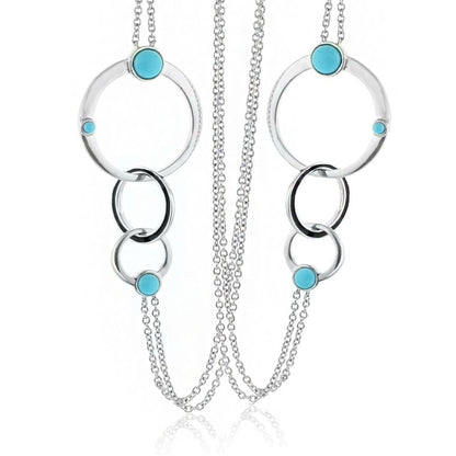 Eclipse Necklace by Lauren G Adams, long silver necklace with large rings and turquoise accents on Tampa Home & Garden Store