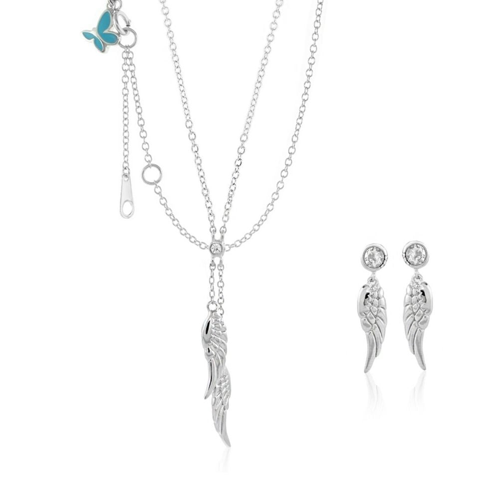Sydney Leigh Wings Necklace & Earrings Set by Lauren G Adams — silver wing necklace with layered chains; wing stud earrings on Tampa Home & Garden Store