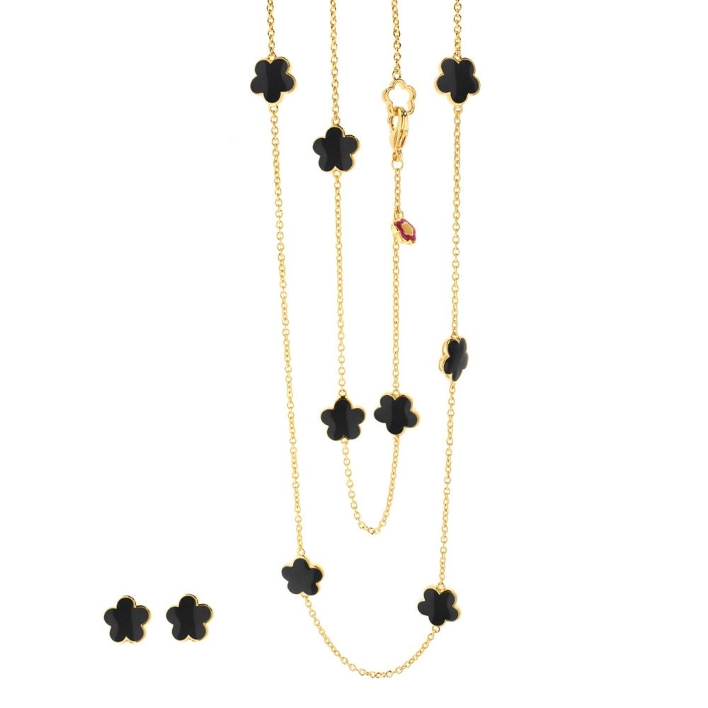 Black Enamel Daisy Love Necklace & Earrings Set with gold-tone chains and black daisies on Tampa Home & Garden Store
