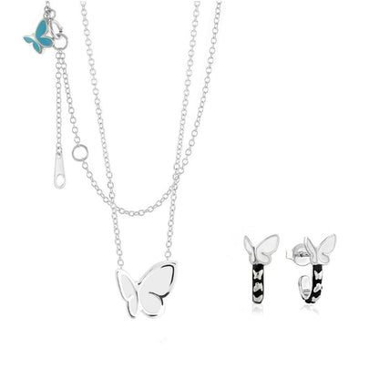 Sydney Leigh Butterfly Necklace & Earrings Set by Lauren G Adams; silver butterfly pendant on double chain with butterfly huggie earrings on Tampa Home & Garden Store