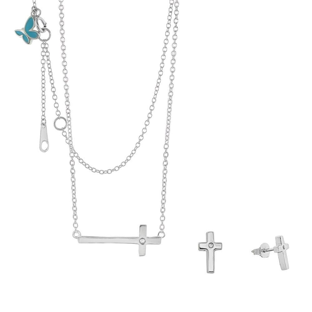 Sydney Leigh Cross Necklace & Earrings Set Lauren G Adams; silver-tone cross necklace with turquoise butterfly charm, cross stud earrings on chain on Tampa Home & Garden Store