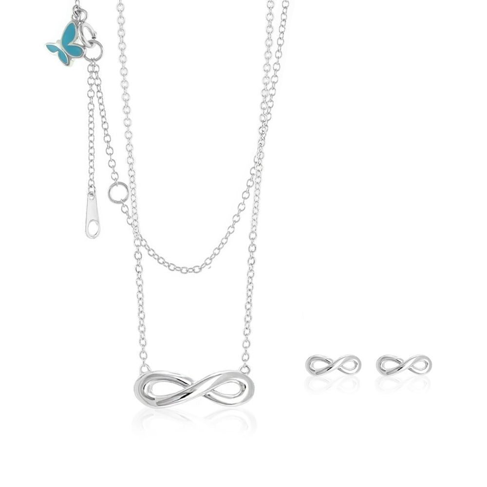 Sydney Leigh Infinity Necklace & Earrings Set, silvertone infinity pendant with dual chains on Tampa Home & Garden Store