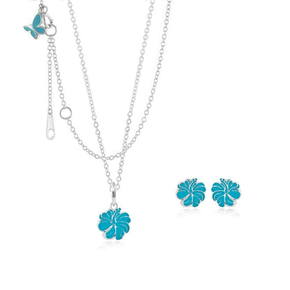 Sydney Leigh Hibiscus Flower Necklace & Earrings Set turquoise with silver chains Lauren G Adams on Tampa Home & Garden Store