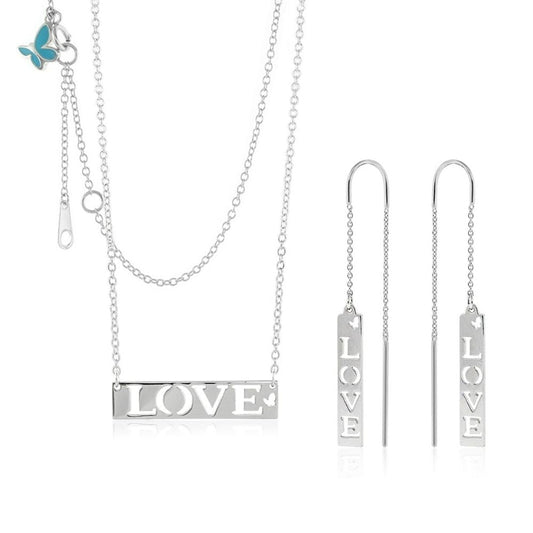 Sydney Leigh Love Necklace & Earrings Set, silver-tone with LOVE pendant and bar earrings on Tampa Home & Garden Store