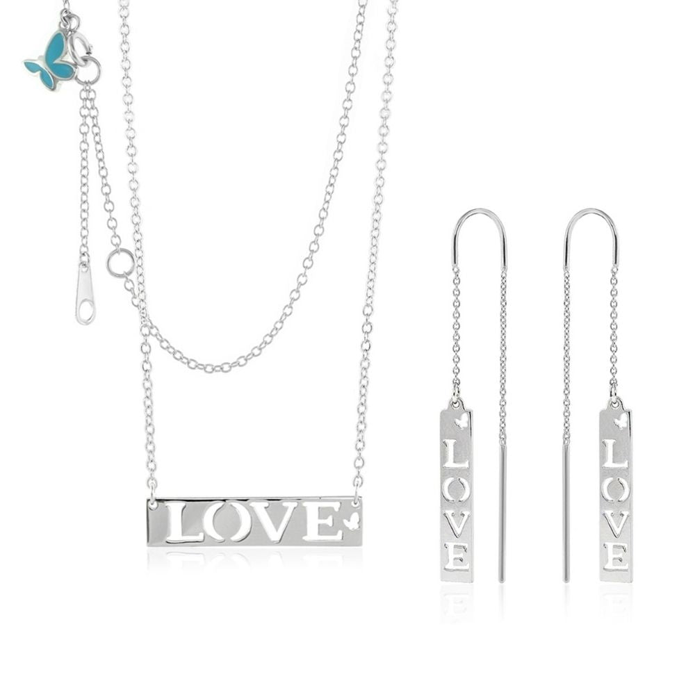Sydney Leigh Love necklace & earrings set by Lauren G Adams; silver-tone LOVE pendant & bars on Tampa Home & Garden Store
