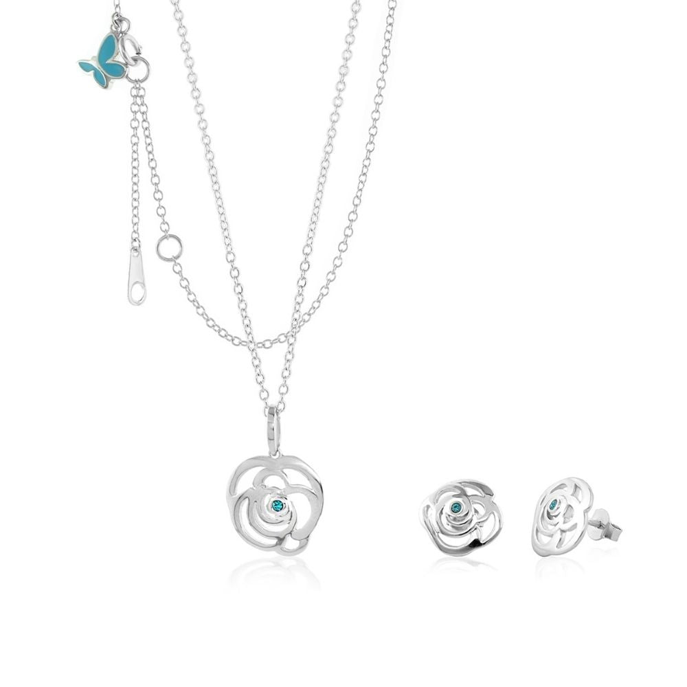 Sydney Leigh Rose Necklace & Earrings Set by Lauren G Adams in silver-tone with turquoise centers; necklace with rose pendant and matching stud earrings on Tampa Home & Garden Store