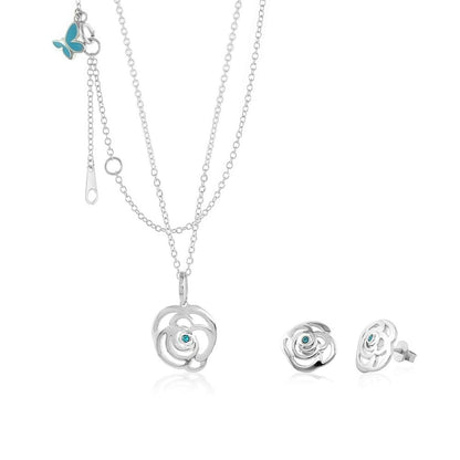 Sydney Leigh Rose Necklace & Earrings Set by Lauren G Adams in silver-tone with turquoise centers; necklace with rose pendant and matching stud earrings on Tampa Home & Garden Store