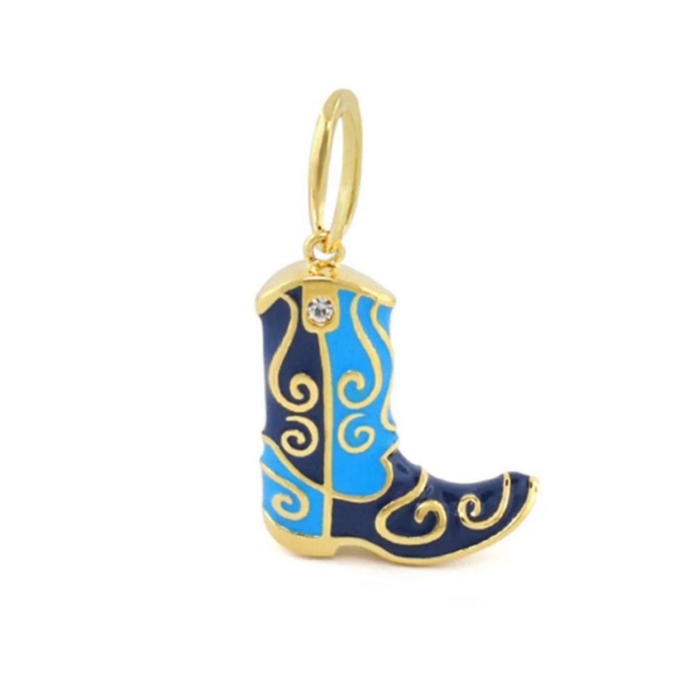 Eau Boots Pendant by Lauren G Adams, gold-tone boot pendant with blue enamel and gold scrollwork on Tampa Home & Garden Store