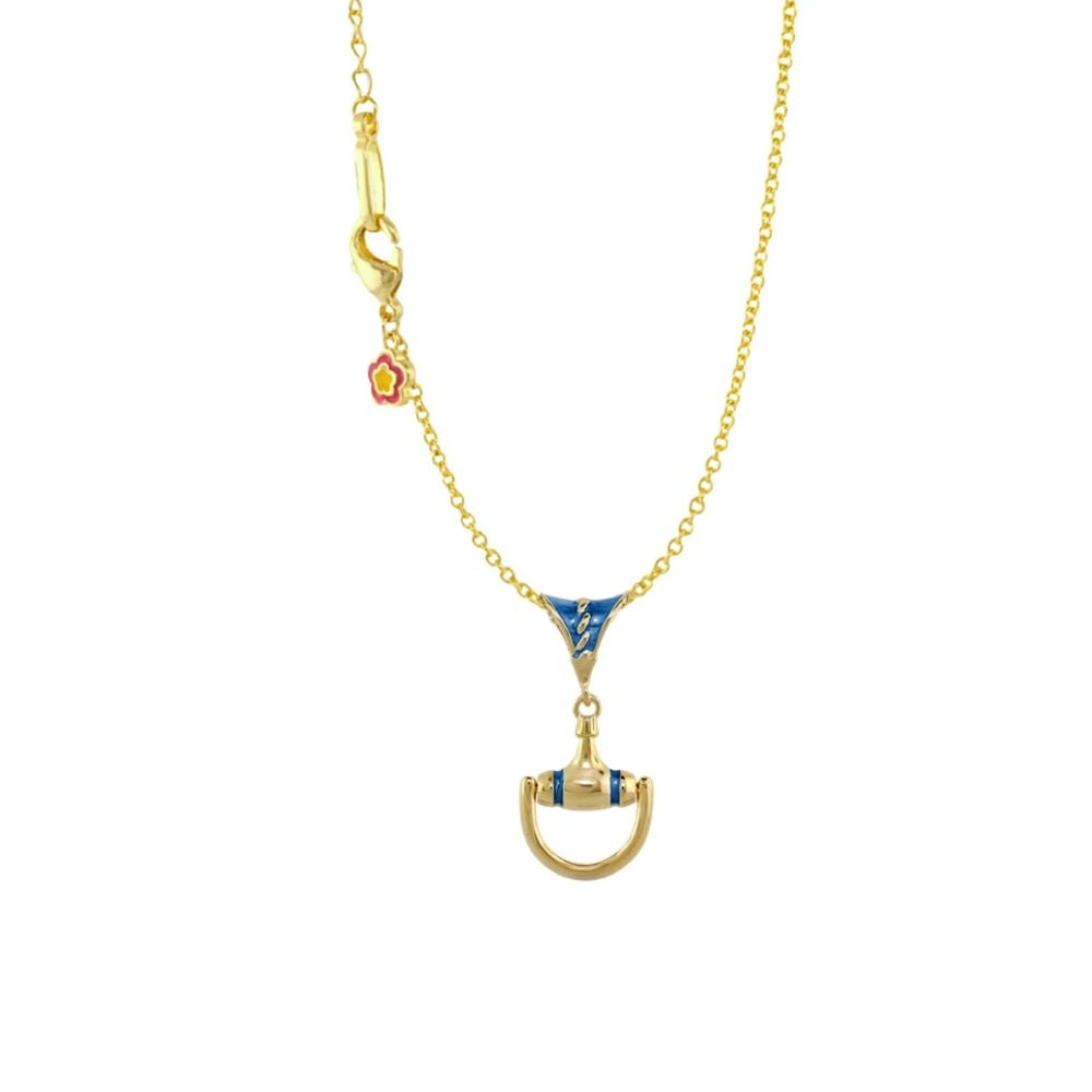 Equestrian pendant necklace in goldtone with blue enamel bit and U-shaped horseshoe, pink flower on Tampa Home & Garden Store