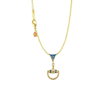 Equestrian pendant necklace in goldtone with blue enamel bit and U-shaped horseshoe, pink flower on Tampa Home & Garden Store