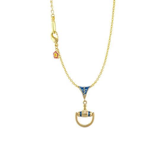 Equestrian pendant necklace in goldtone with blue enamel bit and U-shaped horseshoe, pink flower on Tampa Home & Garden Store