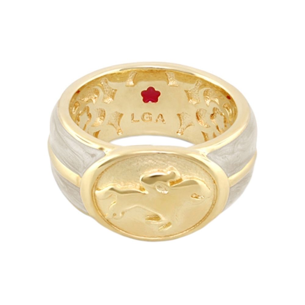 Equestrian Ring White Jockey Medallion band ring with gold horse motif LGA inside on Tampa Home & Garden Store