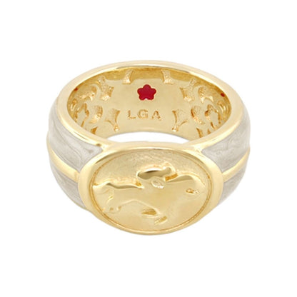 Equestrian Ring White Jockey Medallion band ring with gold horse motif LGA inside on Tampa Home & Garden Store