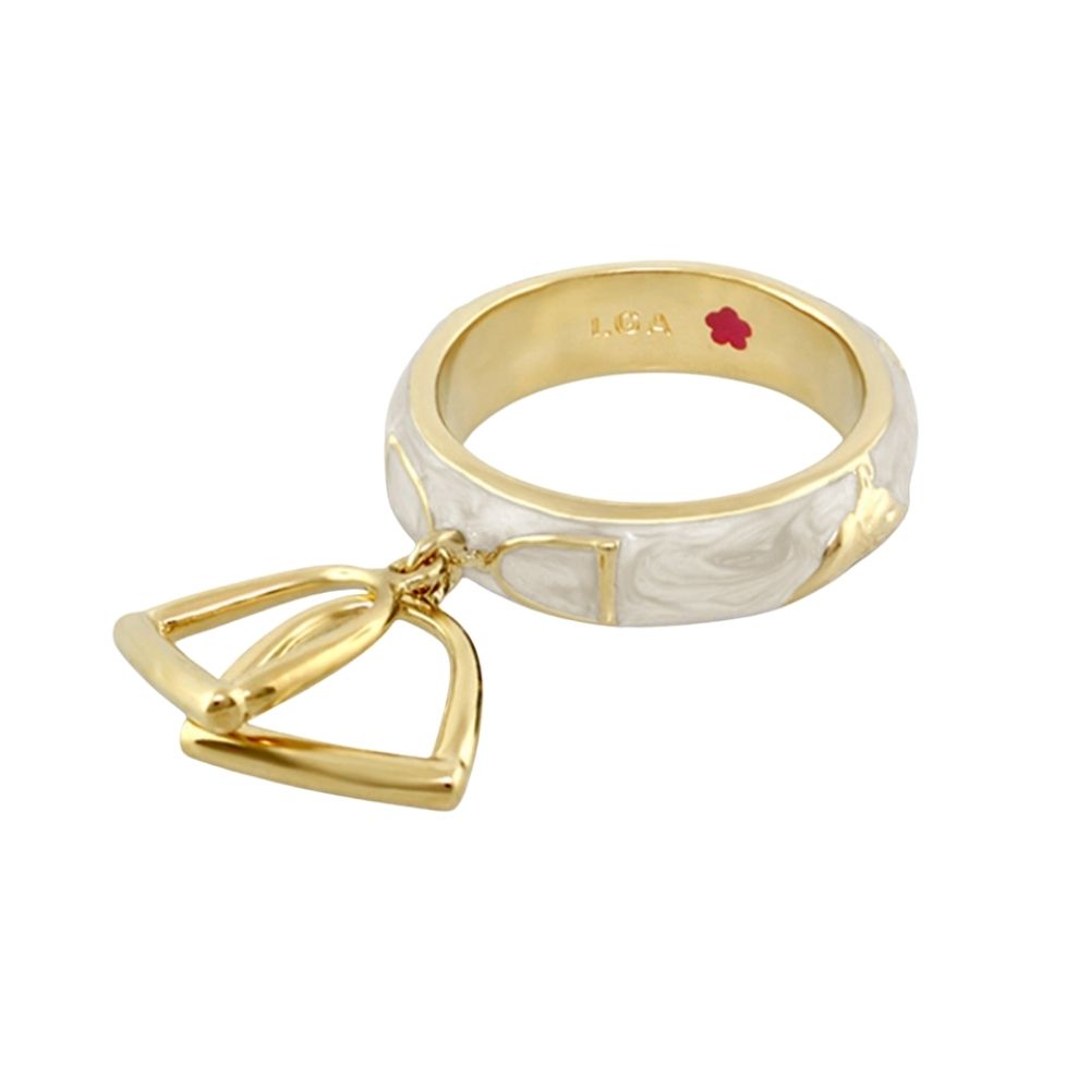 Stirrup charm ring by Lauren G Adams, marbled white exterior with gold band and gold pendant on Tampa Home & Garden Store