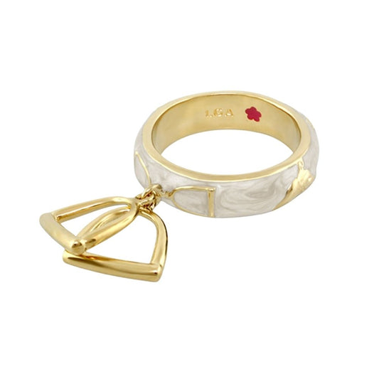 Stirrup charm ring by Lauren G Adams, marbled white exterior with gold band and gold pendant on Tampa Home & Garden Store