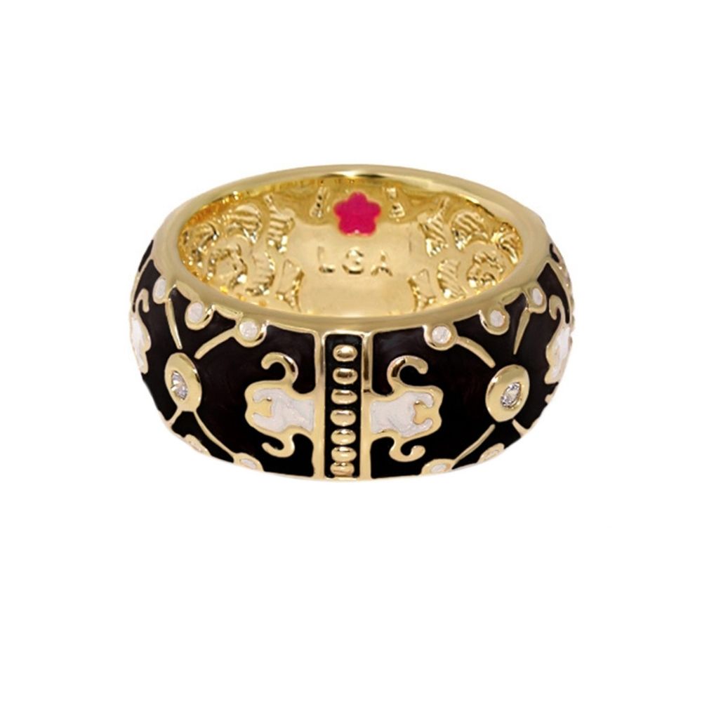 Horse Design Band Ring in gold with black enamel filigree and horse motifs on Tampa Home & Garden Store