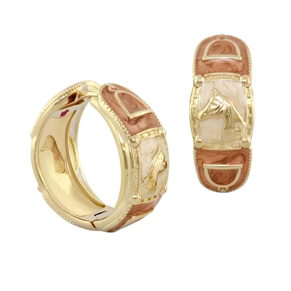 Equestrian Hoop Earrings in gold-tone with pink and cream enamel panels on Tampa Home & Garden Store