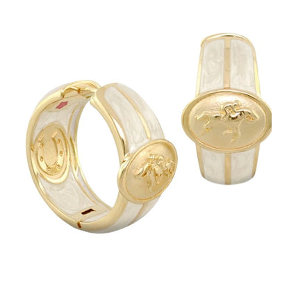 Equestrian Hoop Earrings Lauren G Adams, gold-tone with white enamel horse emblem on Tampa Home & Garden Store