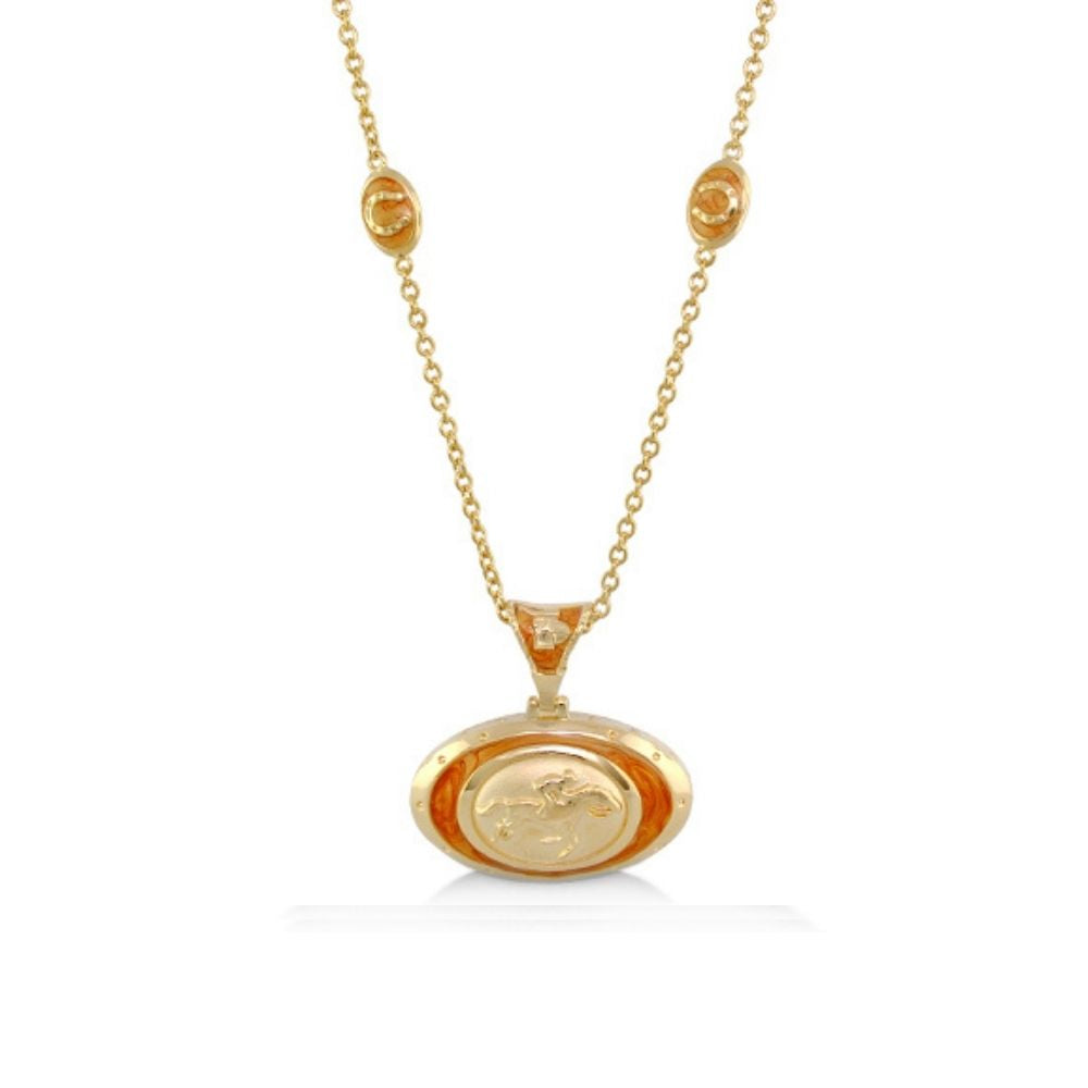 Equestrian Pendant Necklace with gold oval pendant, orange enamel border, Lauren G Adams on Tampa Home & Garden Store
