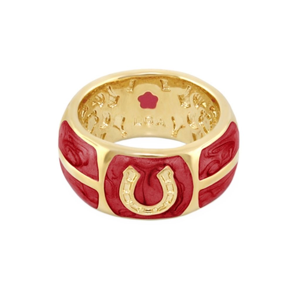 Equestrian horseshoe ring, gold-tone band with red enamel and horseshoe accent on Tampa Home & Garden Store