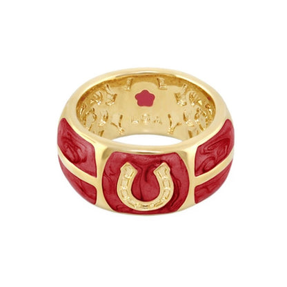 Equestrian horseshoe ring, gold-tone band with red enamel and horseshoe accent on Tampa Home & Garden Store