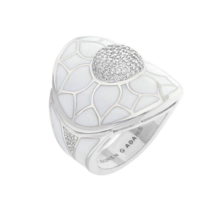Destiny Cocktail Ring by Lauren G Adams in white enamel with pave dome and lattice pattern on Tampa Home & Garden Store