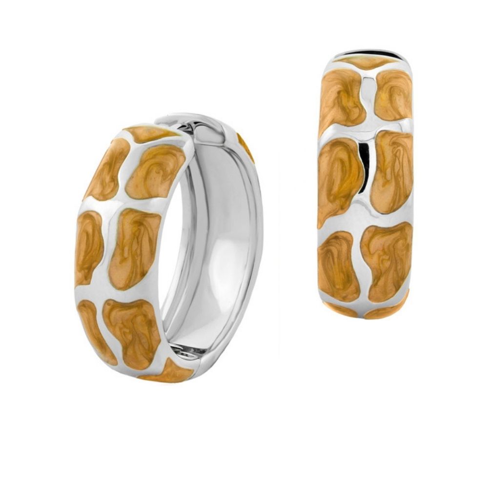 Puzzle Hoop Earrings by Lauren G Adams, silver-tone hoops with tan puzzle-pattern enamel on Tampa Home & Garden Store