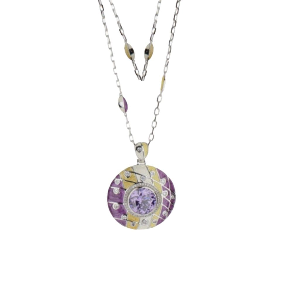 Sunburst Necklace Pendant with purple central gemstone, purple/gold enamel, Lauren G Adams chain on Tampa Home & Garden Store