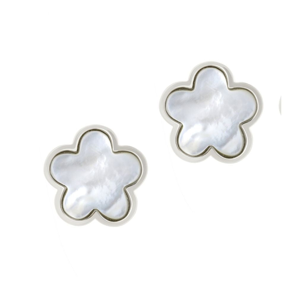 Daisy Love Earrings Flower Clip pair with white mother-of-pearl petals in silver-tone on Tampa Home & Garden Store
