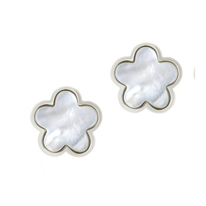 Daisy Love Earrings Flower Clip pair with white mother-of-pearl petals in silver-tone on Tampa Home & Garden Store