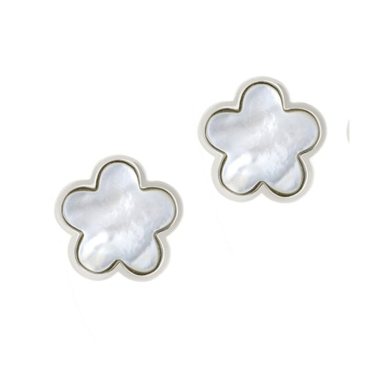 Daisy Love Earrings Flower Clip pair with white mother-of-pearl petals in silver-tone on Tampa Home & Garden Store