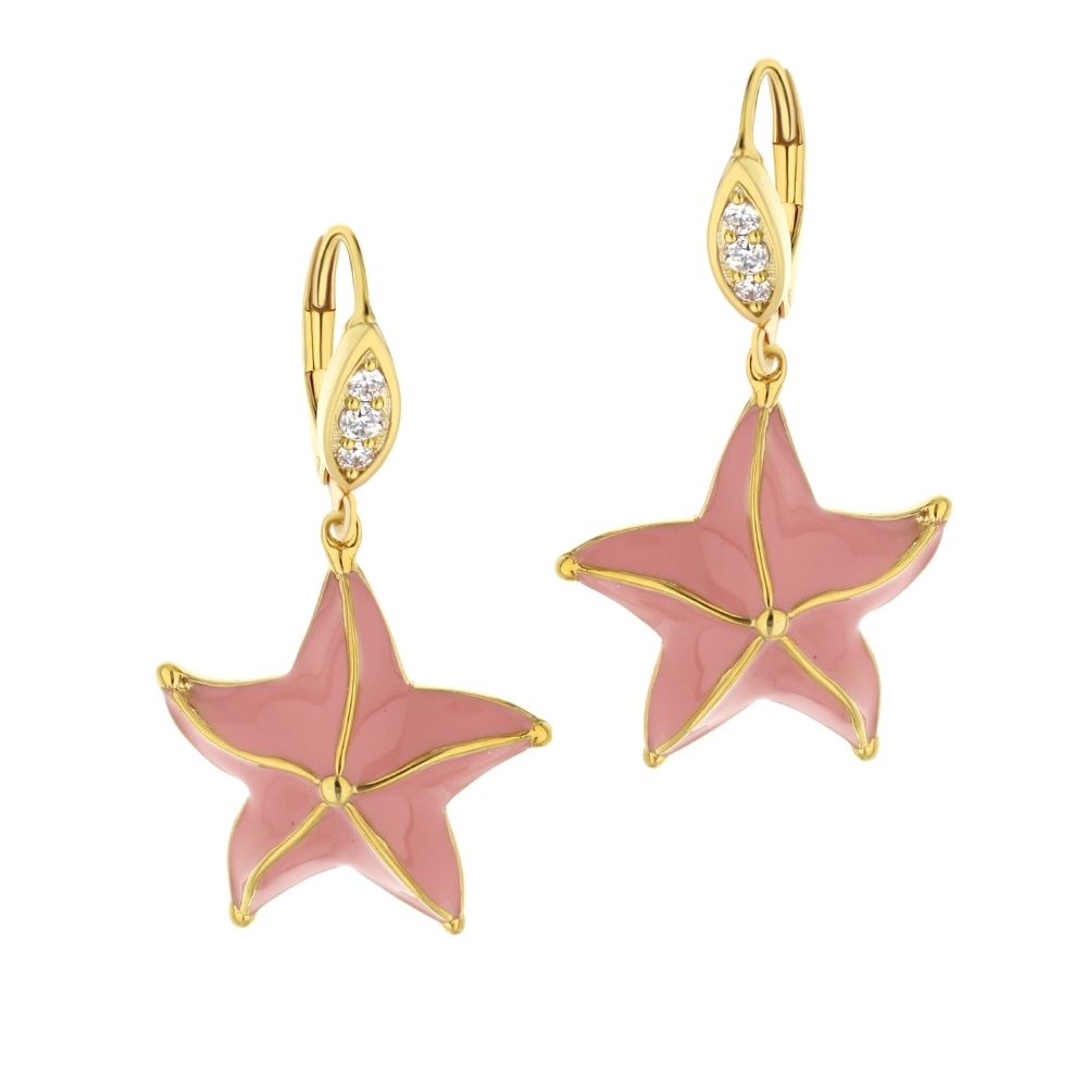 Eau Starfish Earrings pink enamel starfish with goldtone trim, crystal accents, leverbacks on Tampa Home & Garden Store
