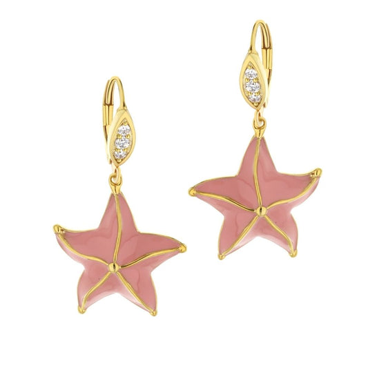 Eau Starfish Earrings pink enamel starfish with goldtone trim, crystal accents, leverbacks on Tampa Home & Garden Store