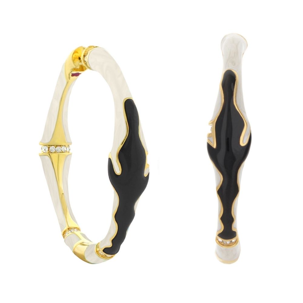 Pretty Little Things Earrings two-tone gold and white enamel hoops with black enamel on Tampa Home & Garden Store