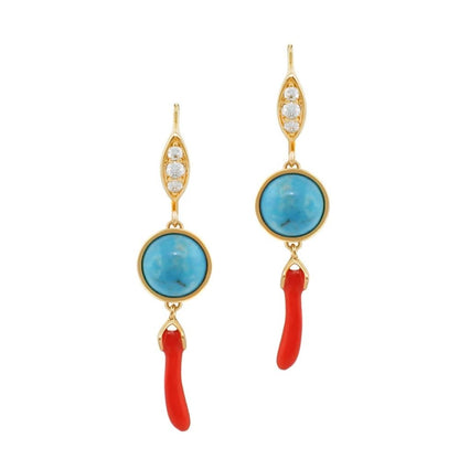Gold-tone earrings with turquoise cabochon, red coral drops and diamond-accent upper links on Tampa Home & Garden Store