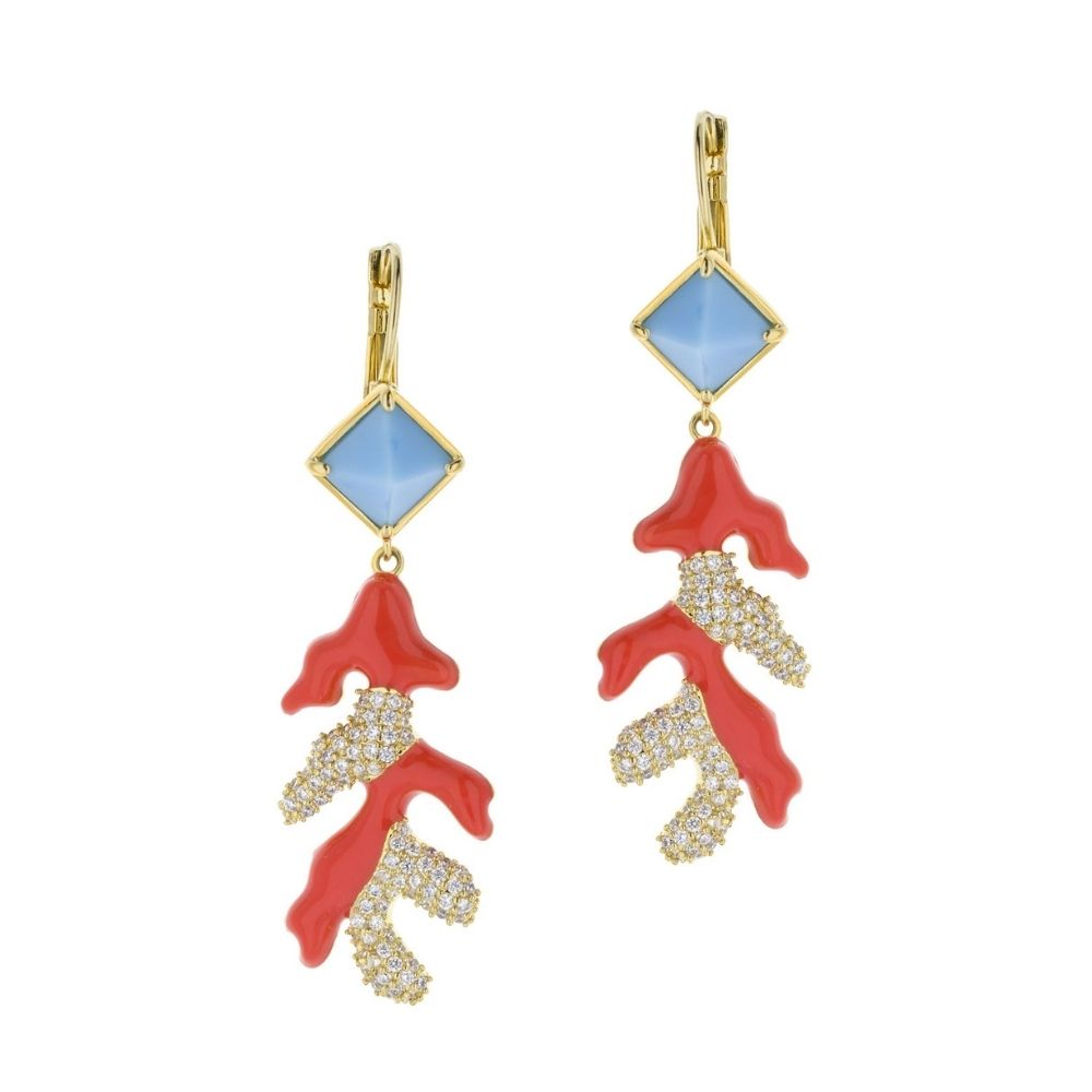 Pretty Little Things Coral Dangle Earrings with gold-tone frame, blue gems and red coral drops on Tampa Home & Garden Store