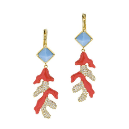 Pretty Little Things Coral Dangle Earrings with gold-tone frame, blue gems and red coral drops on Tampa Home & Garden Store