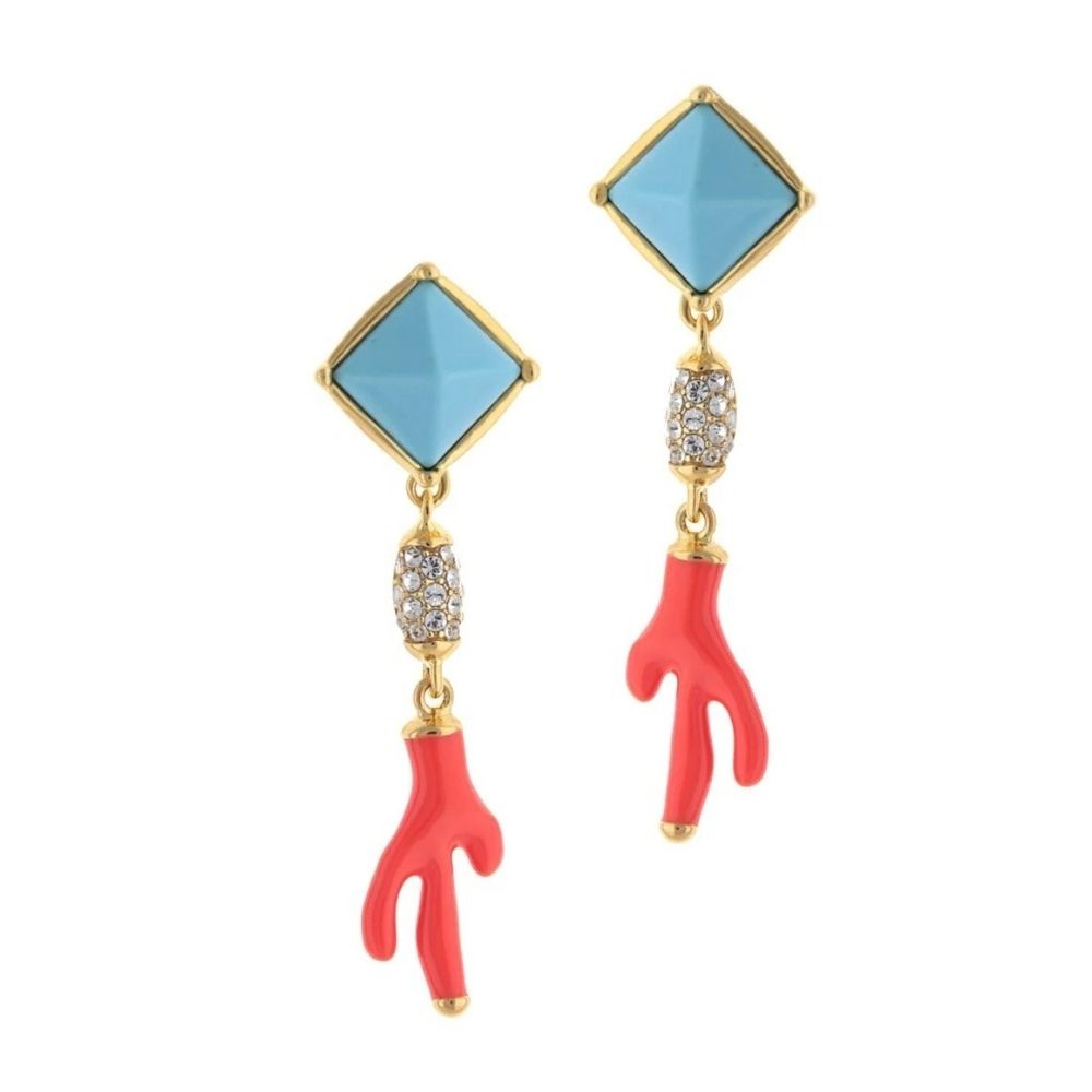 Pretty Little Things earrings Lauren G Adams, turquoise squares, gold setting, red hand charms on Tampa Home & Garden Store