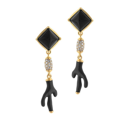 Pretty Little Things earrings by Lauren G Adams, gold-tone square black gemstone studs with crystal drop and black hand charm, pair on Tampa Home & Garden Store